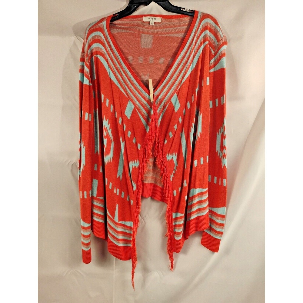 Umgee Open Cardigan Womens Large L Aztec Orange Blue Southwestern Fringe USA